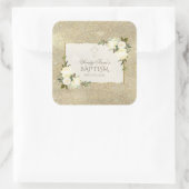Glam Gold Glitter White Floral Baptism Invite Vierkante Sticker (Tas)