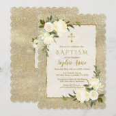 Glam Gold Glitter White Floral Gold Cross Baptisme Kaart (Voorkant / Achterkant)