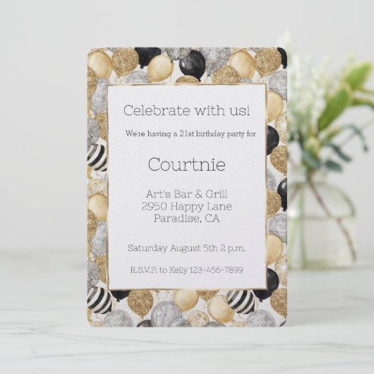 Glam Gold Glitzy Glitter Silver Balloons Birthday Kaart (Staand voorkant)