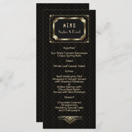 Glam Gold Great Gatsby Art Deco 20s Wedding Menu (Voorkant / Achterkant)