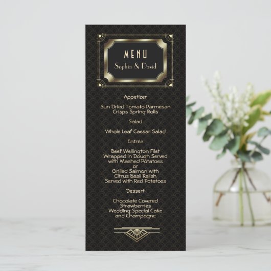 Glam Gold Great Gatsby Art Deco 20s Wedding Menu (Staand voorkant)