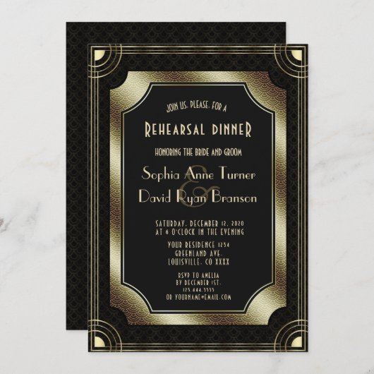 Glam Gold Great Gatsby Art Deco Rehearsal Dinner Kaart (Voorkant / Achterkant)