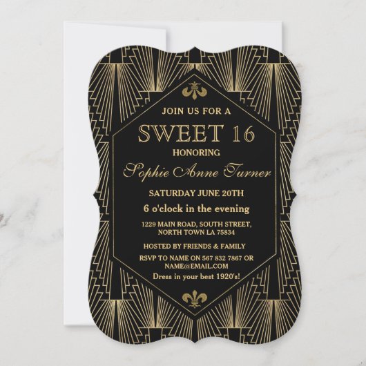 Glam Gold Great Gatsby Art Deco Sweet 16 Party Kaart (Voorkant)