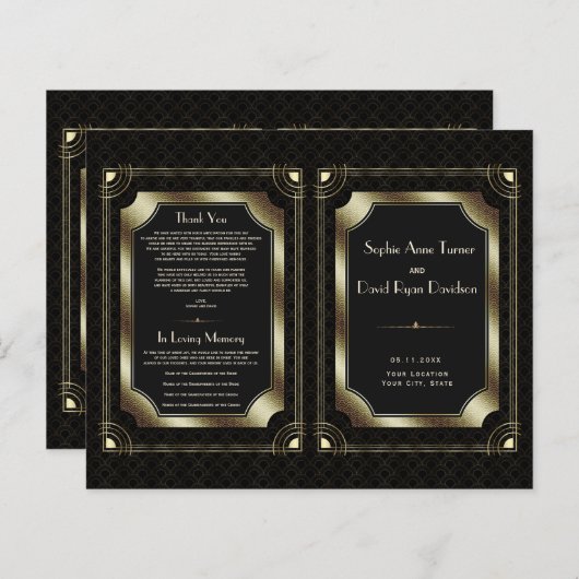 Glam Gold Great Gatsby Art Deco Wedding Program (Voorkant / Achterkant)