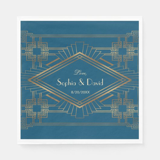Glam Gold Great Gatsby Ocean Blue Wedding Servet (Voorkant)