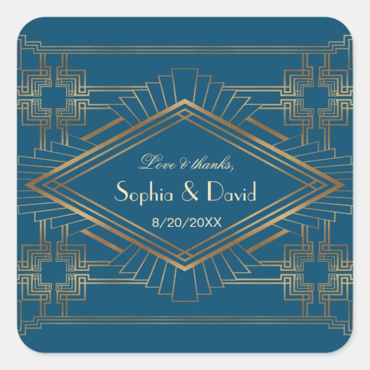 Glam Gold Great Gatsby Ocean Blue Wedding Vierkante Sticker (Voorkant)