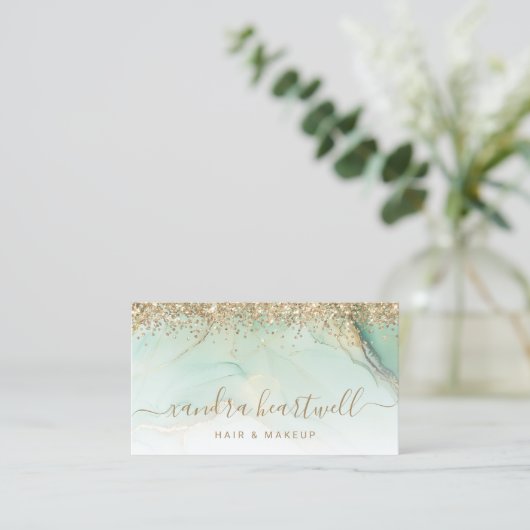 Glam Gold Green Marble Glitter Script Visitekaartje (Staand voorkant)