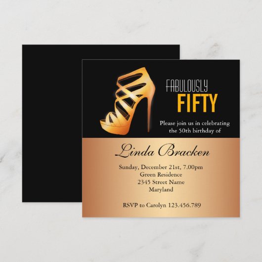 Glam Gold High Hiel Shoe 50th Birthday Invite Kaart (Voorkant / Achterkant)