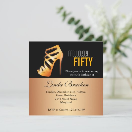 Glam Gold High Hiel Shoe 50th Birthday Invite Kaart (Staand voorkant)