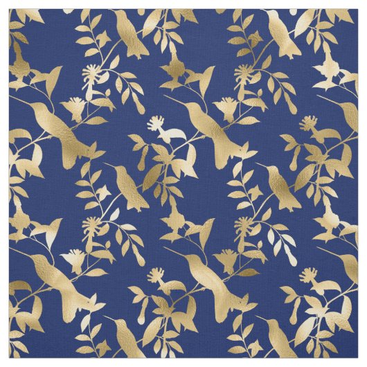 Glam Gold Hummingbird Navy Blue Graphic Stof (Swatch)