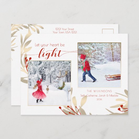 Glam Gold Leaves & Script 2-Photo Holiday Briefkaart (Voorkant / Achterkant)