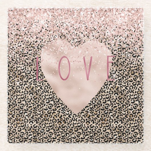 Glam Gold Leopard print roze Glitter Love Heart Glazen Onderzetter (Voorkant)