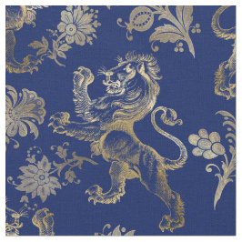 Glam Gold Lions Flowers Navy Blue Graphic Stof