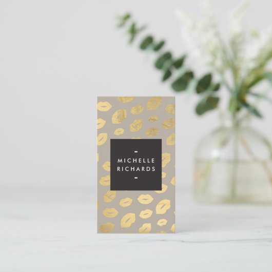 Glam Gold Lip Print Make-up Artiest Beauty Grijs Visitekaartje (Staand voorkant)