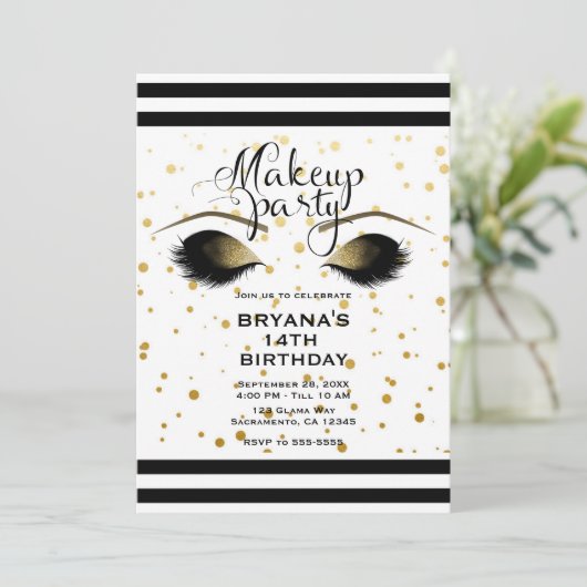 Glam Gold Make-up Wimpers Beauty Stippen Party Kaart (Staand voorkant)