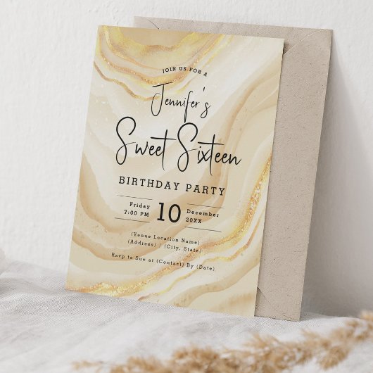 Glam Gold Marble Glitter Sweet 16 Party Kaart