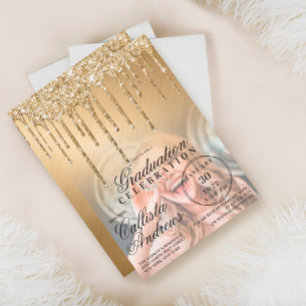 Glam Gold Metallic Glitter Drip Photo Afstuderen Kaart