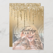 Glam Gold Metallic Glitter Drips Foto Verjaardag Kaart (Voorkant / Achterkant)