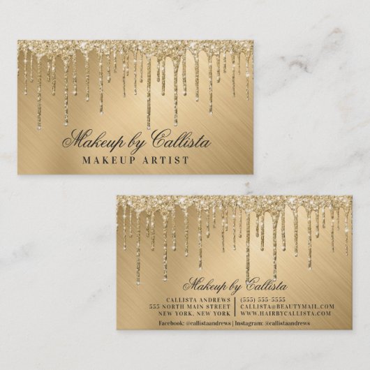 Glam Gold Metallic Glitter Drips Make-up Visitekaartje (Voorkant / Achterkant)