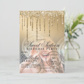 Glam Gold Metallic Glitter Druppels Foto Sweet 16 Kaart (Staand voorkant)