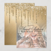 Glam Gold Metallic Glitter Druppels Foto Sweet 16 Kaart (Voorkant / Achterkant)