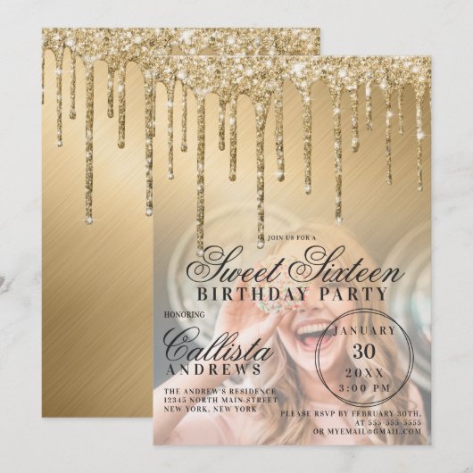 Glam Gold Metallic Glitter Druppels Foto Sweet 16 Kaart (Voorkant / Achterkant)