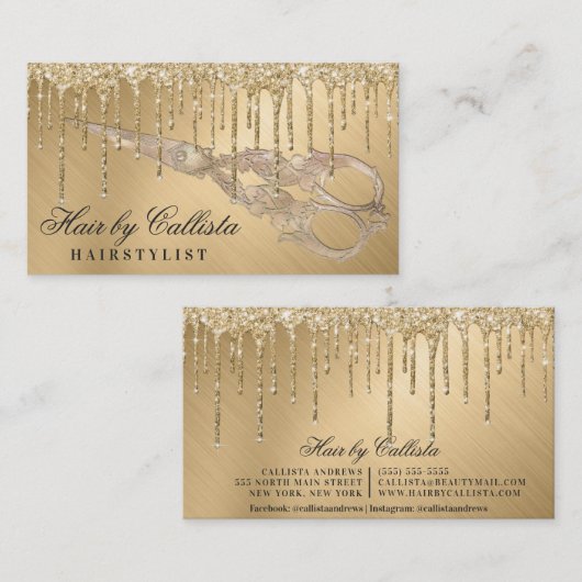 Glam Gold Metallic Glitter Druppelt Haar Schaar Visitekaartje (Voorkant / Achterkant)