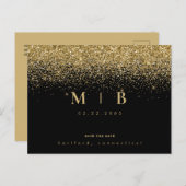 Glam Gold Monogram zwart sparen de datum Aankondigingskaart (Voorkant / Achterkant)