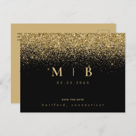 Glam Gold Monogram zwart sparen de datum Aankondigingskaart (Voorkant / Achterkant)