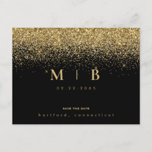 Glam Gold Monogram zwart sparen de datum Aankondigingskaart