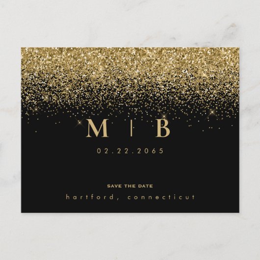 Glam Gold Monogram zwart sparen de datum Aankondigingskaart (Voorkant)