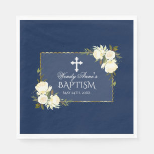 Glam Gold Navy Blue White Floral Baptism Invite Servet