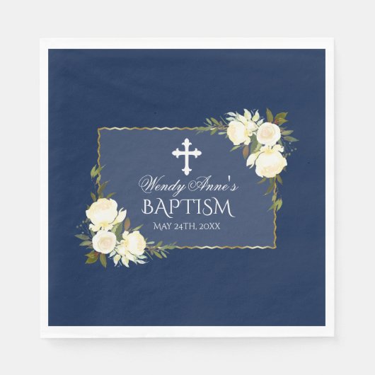 Glam Gold Navy Blue White Floral Baptism Invite Servet (Voorkant)