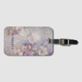 Glam Gold Paarse Floral Sparkle Bagagelabel (Voorkant (horizontaal))
