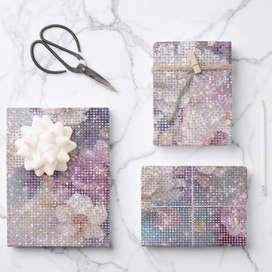 Glam Gold Paarse Floral Sparkle Inpakpapier Vel (Voorkant)