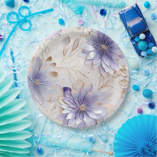  Glam Gold Paarse Parel Wit Bloemen Papieren Bordje (Feest)