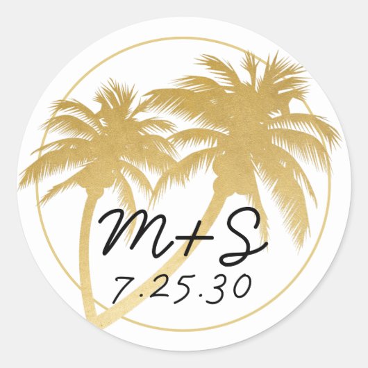 Glam Gold Palm Beach Bruiloft Monogram Ronde Sticker (Voorkant)