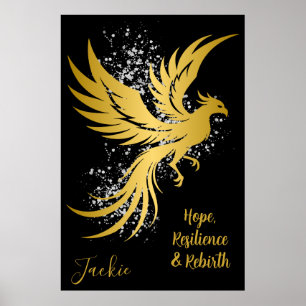 Glam Gold Phoenix Silver Glitter Monogram Zwart   Poster