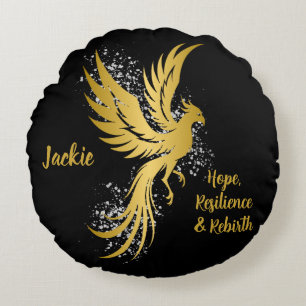 Glam Gold Phoenix Silver Glitter Monogram Zwart Rond Kussen