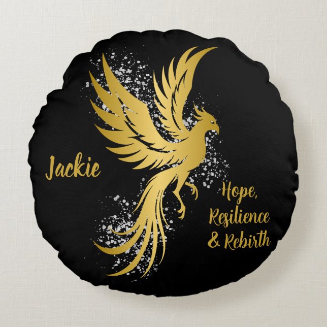 Glam Gold Phoenix Silver Glitter Monogram Zwart | Rond Kussen (Voorkant)