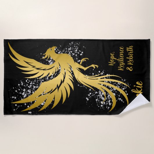 Glam Gold Phoenix Silver Glitter Monogram Zwart | Strandlaken (Voorkant)