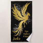 Glam Gold Phoenix Silver Glitter Monogram Zwart | Strandlaken (Voorkant)