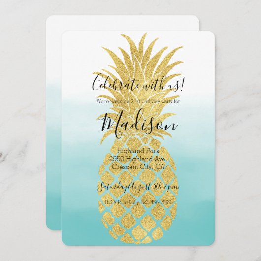 Glam Gold Pineapple Aqua Waterverf Ombre Kaart (Voorkant / Achterkant)