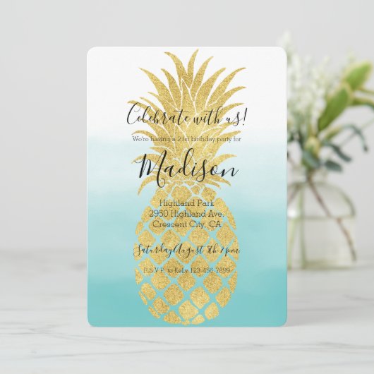 Glam Gold Pineapple Aqua Waterverf Ombre Kaart (Staand voorkant)