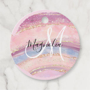 Glam Gold Pink Blue Gemstone Brush Stroke Monogram Bedankjes Labels