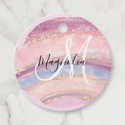 Glam Gold Pink Blue Gemstone Brush Stroke Monogram Bedankjes Labels (Voorkant)