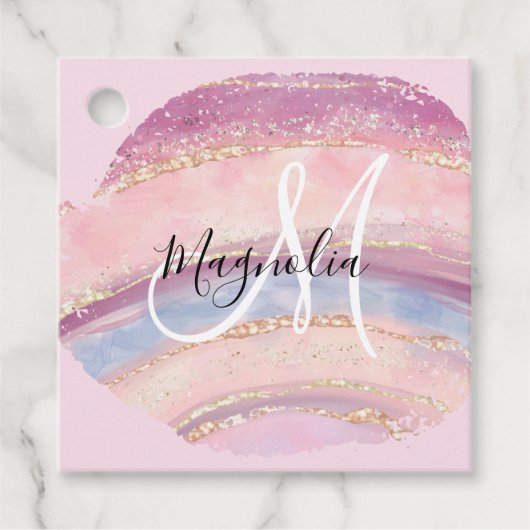 Glam Gold Pink Blue Gemstone Brush Stroke Monogram Bedankjes Labels (Voorkant)