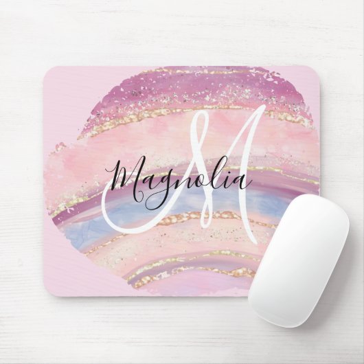 Glam Gold Pink Blue Gemstone Brush Stroke Monogram Muismat (Met muis)
