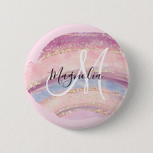 Glam Gold Pink Blue Gemstone Brush Stroke Monogram Ronde Button 5,7 Cm (Voorkant)