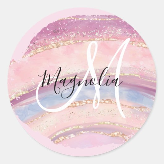 Glam Gold Pink Blue Gemstone Brush Stroke Monogram Ronde Sticker (Voorkant)